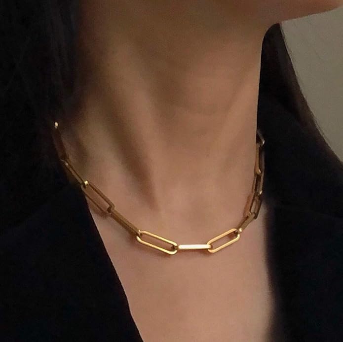 Shapes Studio 18K Gold Plated Titanium Thick Paperclip Chain Necklace, Minimalist Style, Bold Chunky Paper Clip Chain Necklace, Short Necklace, Never Tarnish