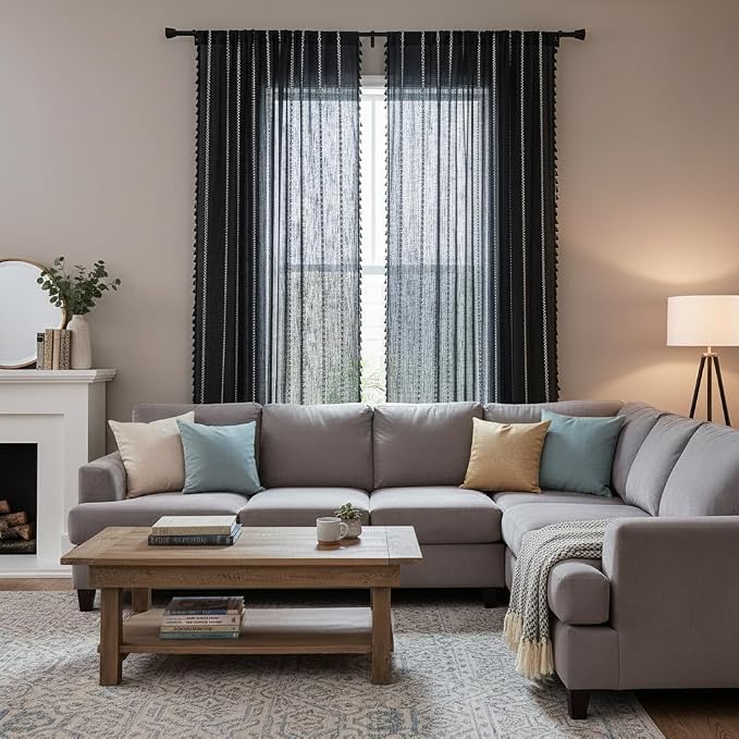 ColorBird Black Linen-Textured Boho Curtains 84 Inches Long for Bedroom Living Room 2 Panels Linen Curtain & Drape Room Darkening Embroidered Striped Window Treatment