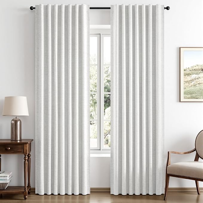 MIULEE 100% Blackout Linen Curtains 42 x 90 Inch Heathered White 2 Panels | Thermal Insulated, Room Darkening Drapes for Bedroom Living Room, Back Tab Rod Pocket Pinch Pleated, Solid Luxury Decor
