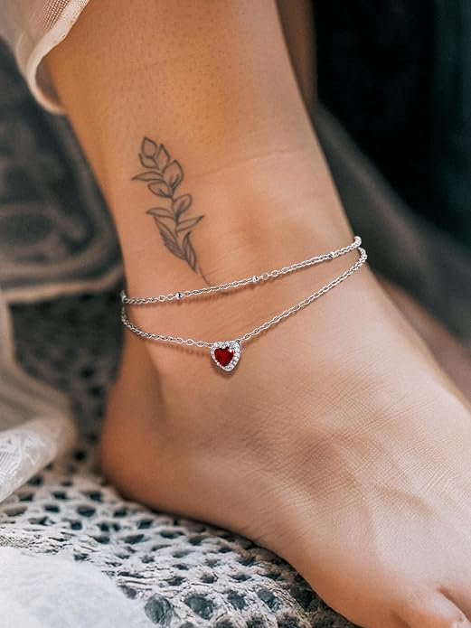 Richsteel Double Layer Heart/Butterfly Birthstone Anklet for Women Non Tarnish Waterproof, Silver/Gold/Black Stainless Steel 8.5-10.5 Inch Adjustable Chain Anklets Jewelry Gifts for Her