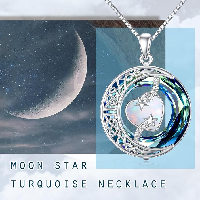 TOUPOP Birthstone Necklace 925 Sterling Silver Moon and Star Pendant Celtic Moon Jewelry with Blue Crystal Anniversary Birthday Gifts for Women Mom Wife Her