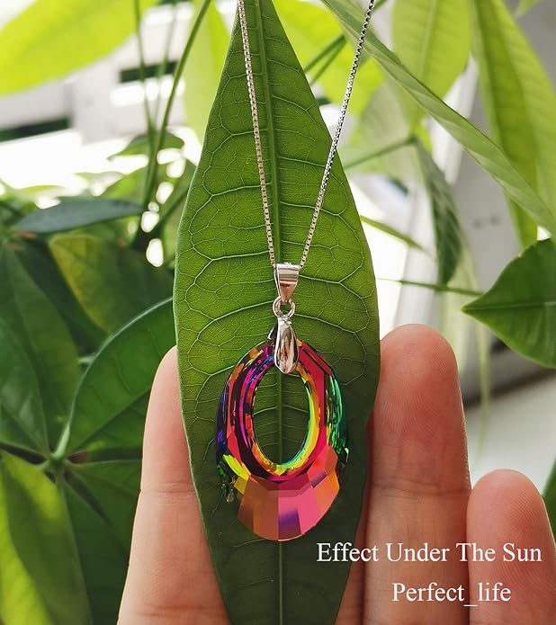 H ermosa 925 Sterling Silver Necklace for Women Austria Crystals Oval Shape Pendant Necklace Hypoallergenic Jewelry Gift Birthday Gift (A Rainbow Crystal Necklace)