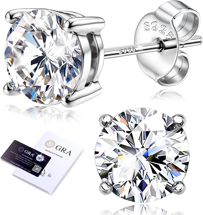 Moissanite Stud Earrings 18K White Gold Plated Brilliant Round Cut Solid 925 Sterling Silver Hypoallergenic Dainty Moissanite Jewelry for Sensitive Ear D Color VVS1 Clarity for Women Men 0.8CT-3CT