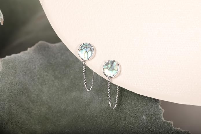 S.Leaf Gold Stud Earrings for Women 925 Sterling Silver Hypoallergenic Mother of Pearl Shell Stud Chain Earrings Friendship Jewelry Gifts for Women Her