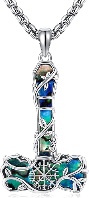 Thors Hammer Necklace 925 Sterling Silver Abalone Shell Mjolnir Amulet Pendant Nordic Jewelry for Women Men