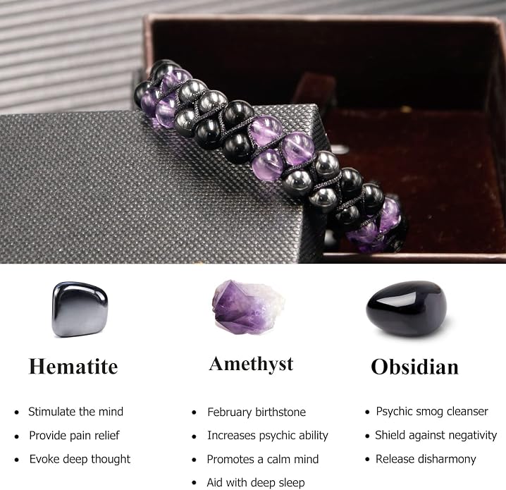 Triple Protection Bracelet for Women, Genuine Healing Crystal Bracelet Amethyst Black Obsidian Hematite 6mm, Pyramid Energy Crystal Beads Bracelets Stone Bracelets for Mom Wife for Protection Balance