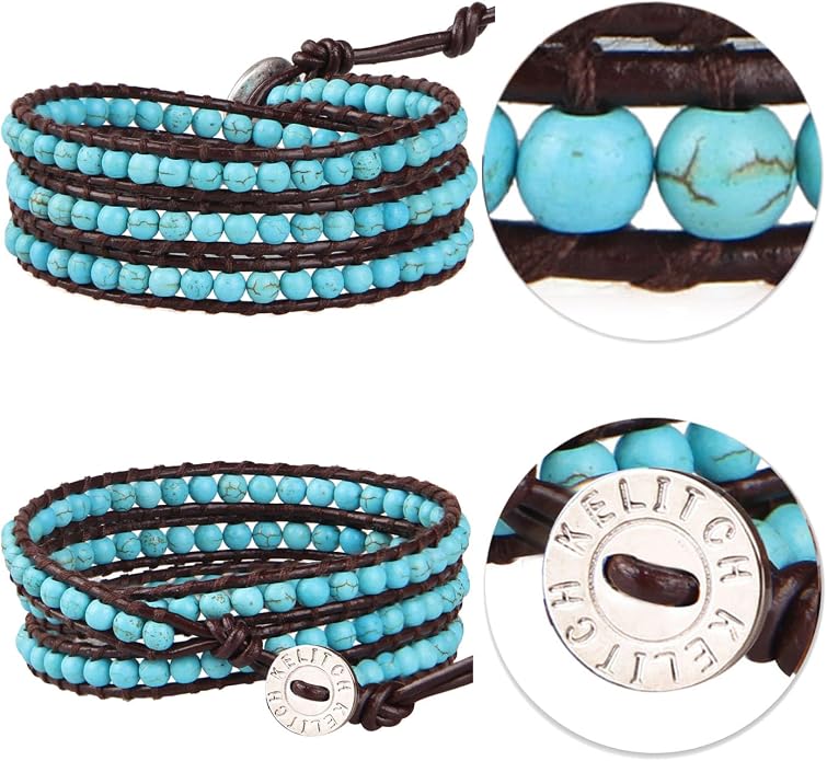 KELITCH Turquoise Beads Bracelets Leather 3 Wrap Bracelet Handmade Women Heart Jewelry