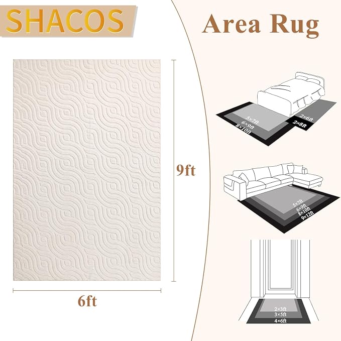 SHACOS 6x9 Soft Area Rugs for Living Room Beige Solid Color Fluffy Rug for Bedroom Non Slip Washable Indoor Mat Floor Carpet for Kids Room Nursery Dining Room, High-Low Pile Boho Modern Rug