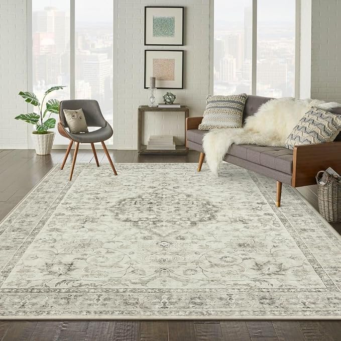 LIVEBOX Washable Area Rug 8x10 Rugs for Living Room Bedroom, Non-Slip Boho Indoor Carpet for Dining Room Office, Low-Pile Farmhouse Soft Carpets for Kids Nursery Room Playroom, Taupe