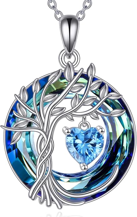 POPLYKE Mothers Day Gifts for Mom Her Wife Tree of Life Necklace 925 Sterling Silver Birthstone Pendant with Crystal Anniversary Birthday Wedding Jewelry for Women