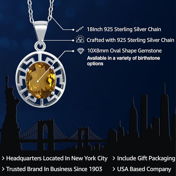 Gem Stone King 925 Sterling Silver 10X8MM Oval Gemstone Birthstone Necklace | Greek Key Pendant Necklace for Women | With 18 Inch Silver Chain