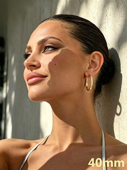 Bestyle 5mm Thick Gold Hoop Earrings Hypoallergenic Hoops for Sensitive Ears Trendy Lightweight Chunky Earrings for Women 30/40/60/80mm