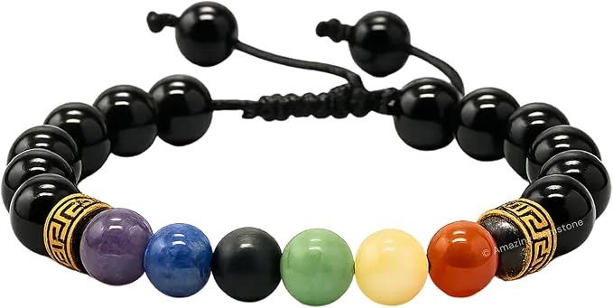 Amazing Gemstone Chakra Black Obsidian Bracelet, Gifts for Men & Women - Protection Healing Crystal Bracelet - 8mm Gemstone Beaded Adjustable Bracelet, Pulseras para Hombres Mujer Stocking Stuffers