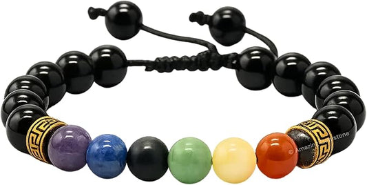 Amazing Gemstone Chakra Black Obsidian Bracelet, Gifts for Men & Women - Protection Healing Crystal Bracelet - 8mm Gemstone Beaded Adjustable Bracelet, Pulseras para Hombres Mujer Stocking Stuffers