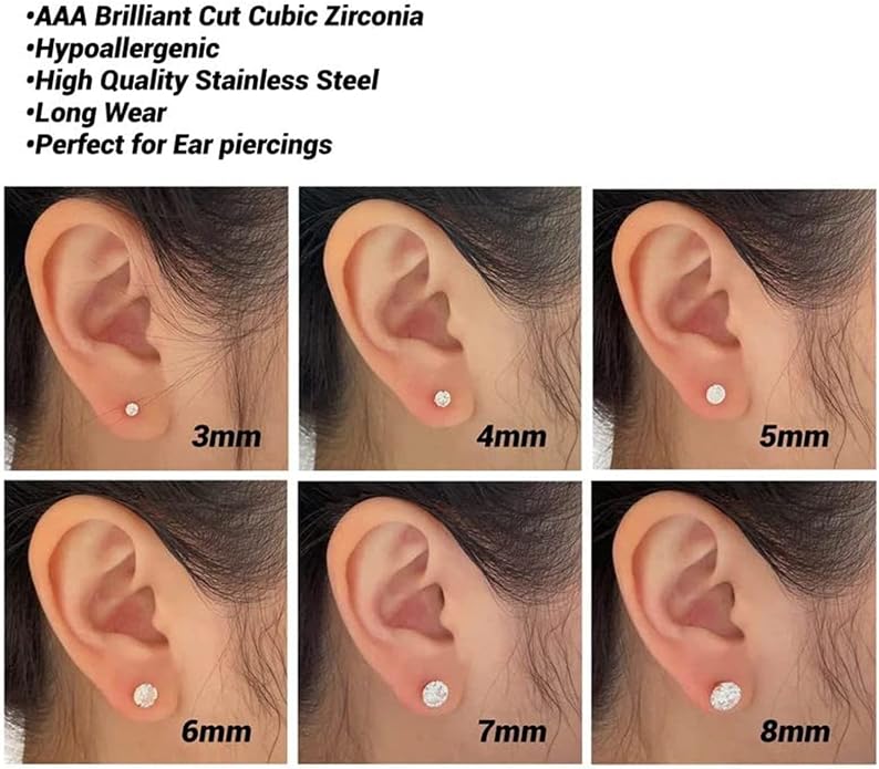 10 Pairs Stainless Steel Flat Back Stud Earrings Set for Women Hypoallergenic 316L Surgical Steel Cubic Zirconia Stud Earring Flatback Studs Earing for Men(10 Pairs)