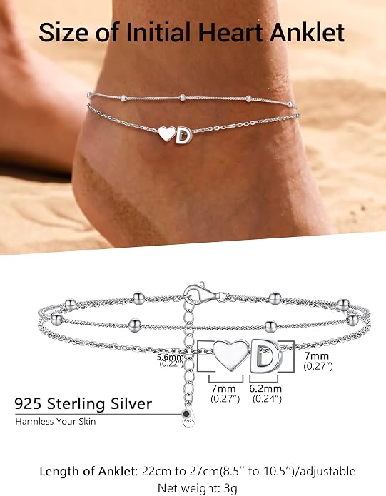 PROSILVER Ankle Bracelets for Women S925 Sterling Silver Anklets for Women Waterproof, Dainty Layered Heart Anklet, Beach Initial Anklet for Summer, Letter A-Z