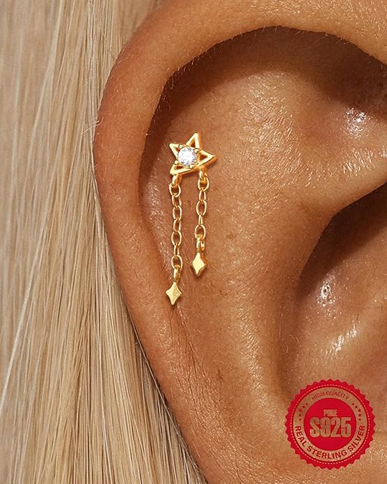 Solid 925 Sterling Silver Helix Earring with Dangle Chain 14K Gold Plated Flat Back Cartilage Stud Crescent Moon & Star CZ Internally Threaded Piercing Jewelry Ear Ring Gift