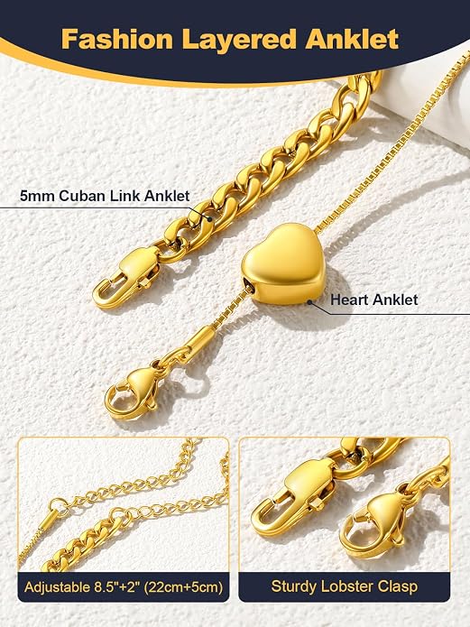 U7 2Pcs/3Pcs Ankle Bracelets for Women, Stainless Steel Cuban Link/Figaro/Rope/Heart Chain Anklets Sets,Waterproof Layered Anklets Adjustable 8.5"-10.5"