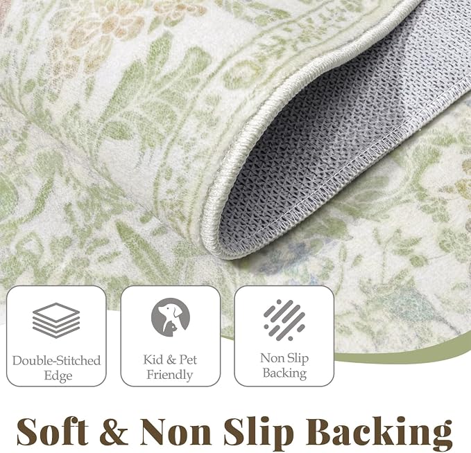 Floral Sage Green Washable Area Rugs 9x12 for Living Room, Vintage Large Thin Botanical Rug for Bedroom, Dining Room Under Table - Cottagecore Soft Boho Accent Carpet with Low Pile & Non-Slip