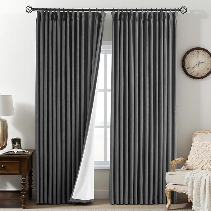 Pinch Pleated Curtains 100% Blackout Linen Curtains 95 Inches Long for Bedroom Living Room, Dark Gray Memory Trained Thermal Insulated Room Darkening Window Drapes with Hooks 2 Panels 40"Wx95"L
