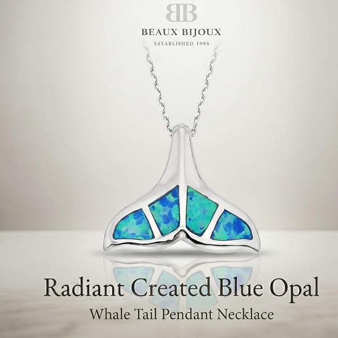 Created Blue Opal Ocean Necklace for Women, 925 Sterling Silver Pendant, 18 Inch Chain, Beach and Sea Life Jewelry Collection