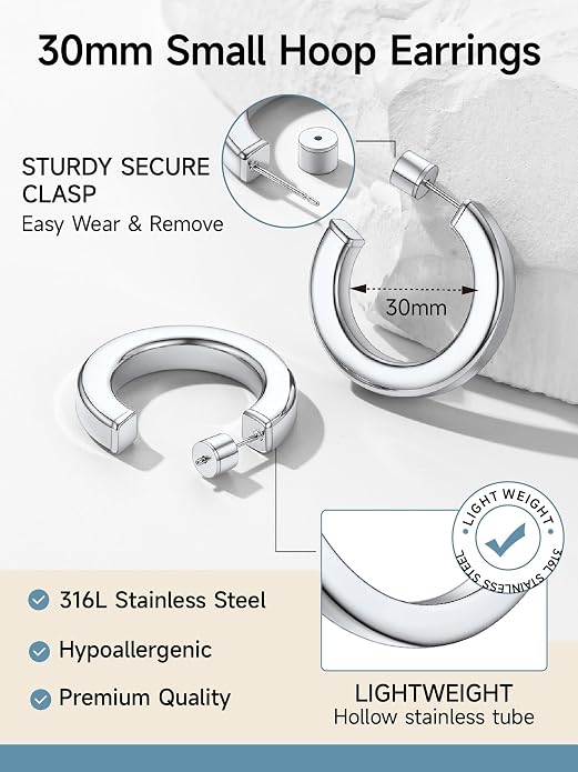Stainless Steel Chunky Hoop Earrings For Women, Minimalist and Chic, Black/Gold Plated, Round Hoops Earrings Hypoallergenic, Size: 30mm/40mm/60mm/80mm, Come with Box