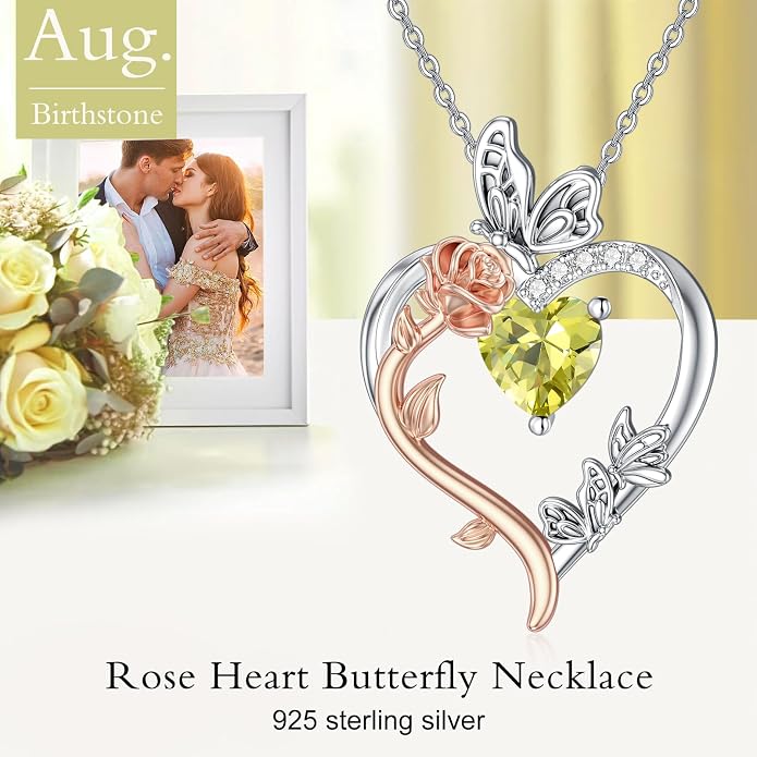 TOUPOP Rose Heart Birthstone Necklace 925 Sterling Silver Heart Butterfly Pendant Love Jewelry Birthday Gifts for Women Wife Mom Her