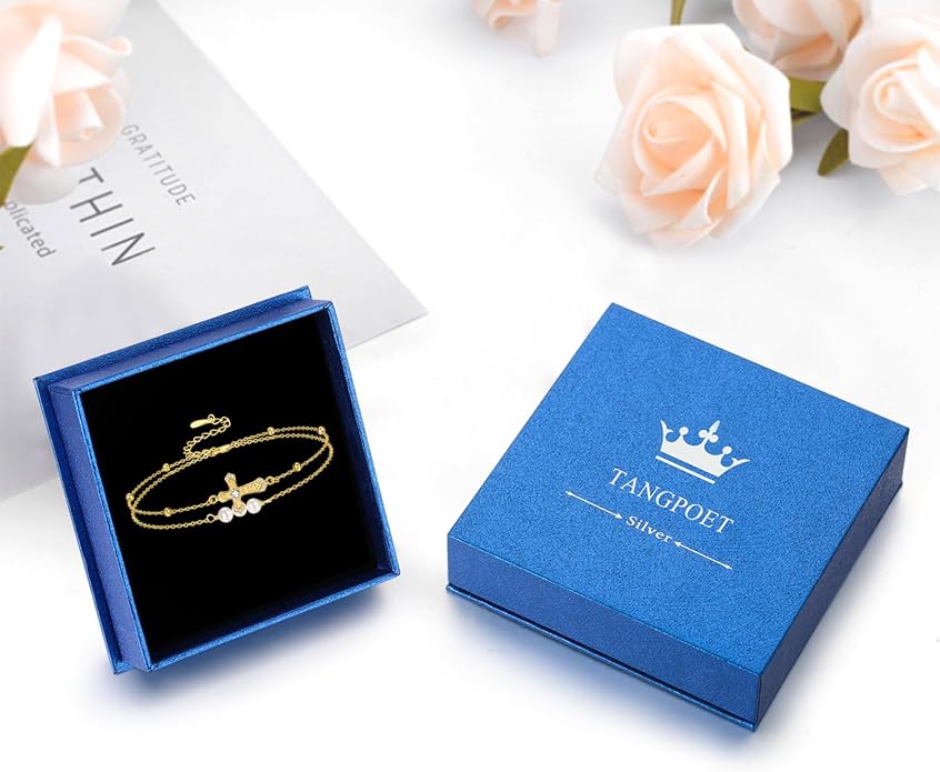 Palpitate Cross Anklet for Women Pearl Cross Ankle Bracelets 14K Gold Plated Adjustable Layered Foot Bead Chain for Women Beach Jewelry Christmas Gifts