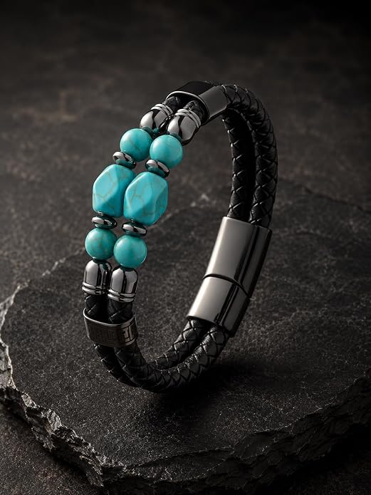Black Braided Leather Bracelet for Men with Turquoise, Lapis Lazuli, Tiger Eye, Obsidian Stone Double-Row Wristband Beads with Stainless Steel Clasp Fashion Jewelry Gift for Him