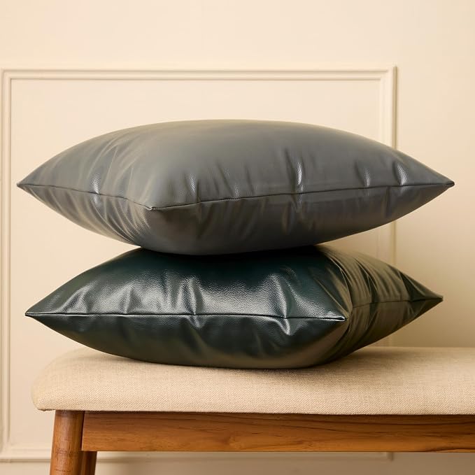 Encasa XO Faux Leather Throw Pillows Covers 24"x24" (Set of 2) | Green Decorative Cushion Covers | Modern Farmhouse Pillow Cases for Outdoor, Living Room, Bedroom, Couch, Sofa