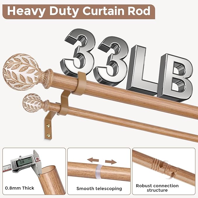 Boho Decorative Double Curtain Rod, 36-184 Inch, White Wood | Handmade Wood Grain Leaf Finials, Heavy Duty Adjustable Exrta Long Rustic Metal Dual Rods, 40 lb Capacity, Easy to Install