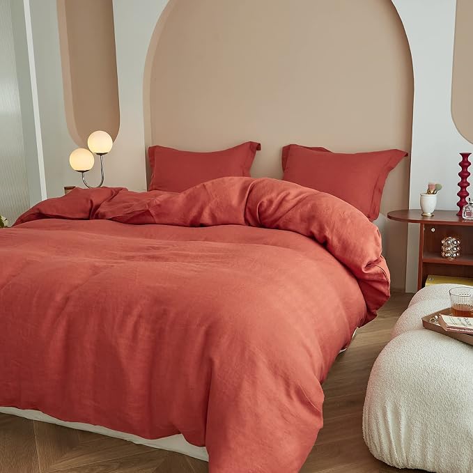 Simple&Opulence 100% Linen Duvet Cover Set 3pcs Basic Style Natural French Washed Flax Solid Color Soft Breathable Farmhouse Bedding with Button Closure - Brick Red, King