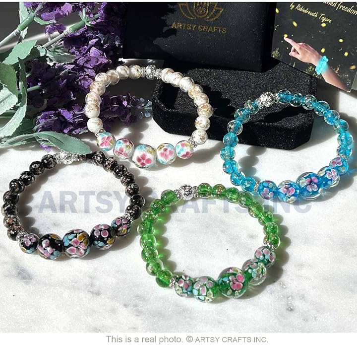 ARTSY Crafts Lily Garden Glow in the Dark Firefly Bead Bracelets Necklaces, Handmade in USA Murano Glass Jewelry, Flower Luminous Beads Mermaid Crystal Bracelet Bangle