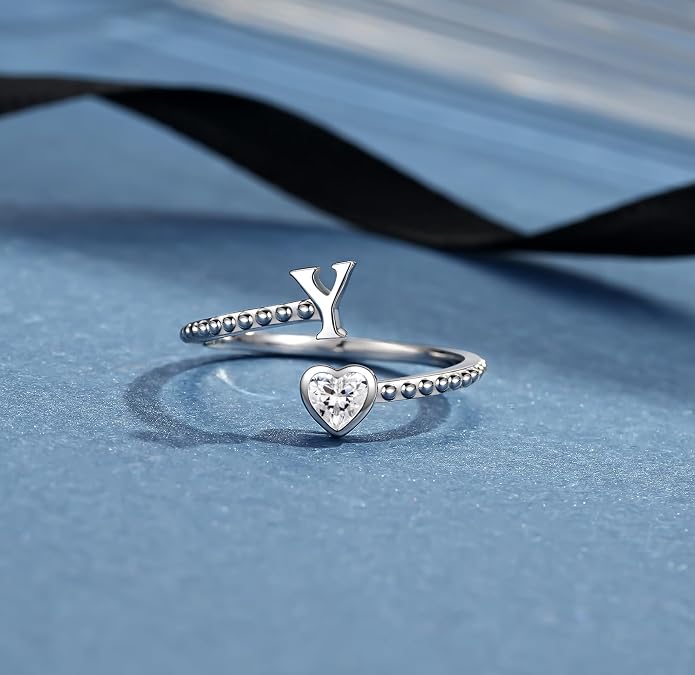 Step Forward 925 Sterling Silver Adjustable Initial Ring for Women | Non Tarnish Letter Rings for Lady | Alphabet Heart Thumb Rings | Capital Letter Jewelry Gifts