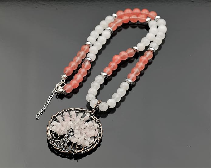 ElisaJewelryArt - Natural Amethyst Big Tree Of Life Pendant Selenite And Amethyst Stone Beaded Necklace Genuine Gemstone Healing Stone Clasp Closure Necklace Unisex Necklace
