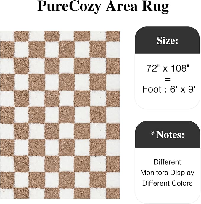 PureCozy 6x9 Area Rugs for Living Room Brown Soft Shag Checkered Large Rug Modern Washable Indoor Office Fuzzy Carpet Non-Slip Fluffy Rugs for Bedroom Nursery Dorm Playroom Home Aesthetic Decor