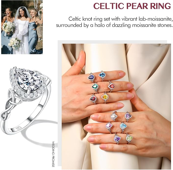 DAYBYDAY Celtic Birthstone Rings for Women 925 Sterling Silver Heart/Round/Pear/Oval Created Gemstone Moissanite Halo Engagement Promise Rings for Her Wife Birthday Anniversary Wedding Jewelry
