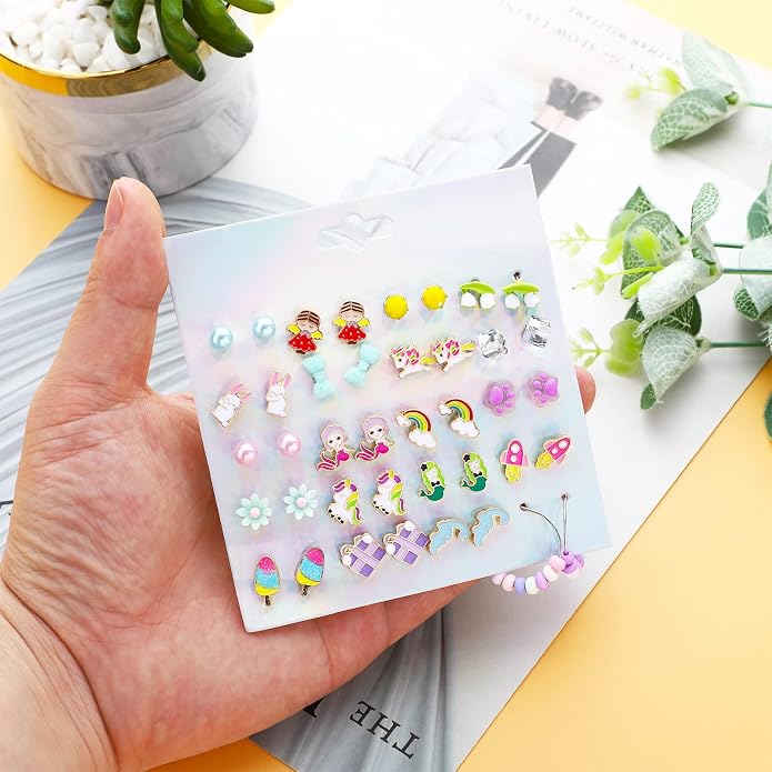 NEWITIN 100 Pairs Colorful Cute Earrings for Girls Sensitive Ears Hypoallergenic Girl Stud Earrings Set Stainless Steel Cartoon Stud for Girls and Women