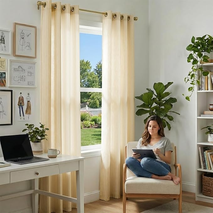 Vangao Linen Striped Curtains for Living Room Bedroom Farmhouse Tickingstripe Light Filtering Window Curtains Printed Drapes Grommet Top 2 Panels Mustard Yellow on Off White W50 x L96 Inch