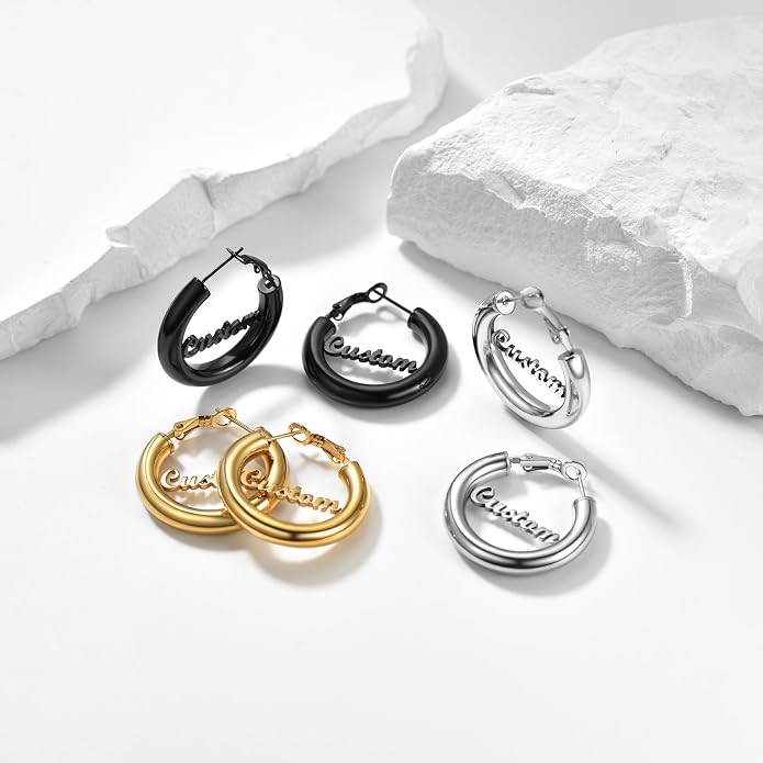Stainless Steel Chunky Hoop Earrings For Women, Minimalist and Chic, Black/Gold Plated, Round Hoops Earrings Hypoallergenic, Size: 30mm/40mm/60mm/80mm, Come with Box