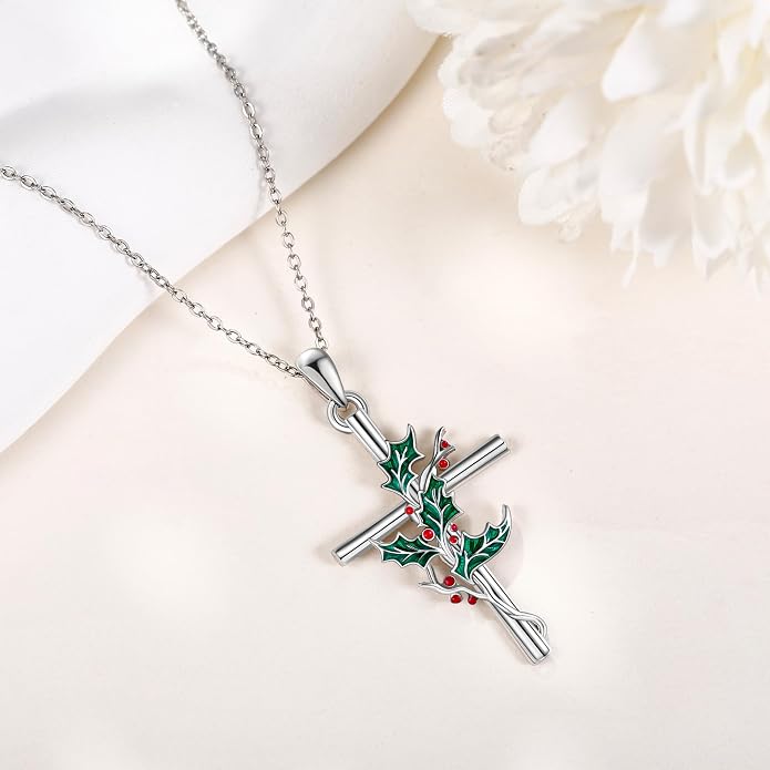 Flower Cross Necklace 925 Sterling Silver Carnation/Rose/Lily/Daisy Cross Necklace Birth Flower Jewelry for Women
