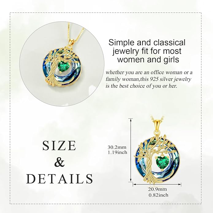 POPLYKE Mothers Day Gifts for Mom Her Wife Tree of Life Necklace 925 Sterling Silver Birthstone Pendant with Crystal Anniversary Birthday Wedding Jewelry for Women