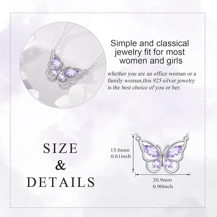 Butterfly Necklace for Women 925 Sterling Silver Crystal Butterfly Pendant Birthstone Amethyst Jewelry Gift