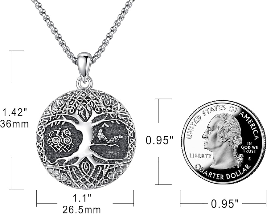 Eusense Viking Necklace for Men Women 925 Sterling Silver Pendant Thors Hammer/Norse Runes/Odin's Ravens/Wolf/Dragon/Snake/Yggdrasil/Freya/Helm of Awe/Valknut/Triskelion/Axe/Shield Viking Jewelry