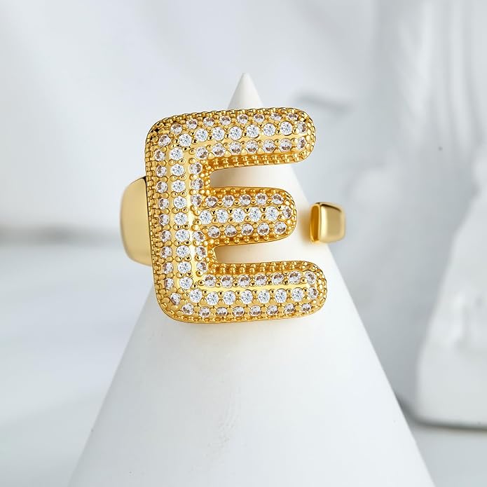 Cicy Bell Initial Rings for Women 14k Gold Plated Cubic Zirconia Delicate Letter Chunky Statement Open Rings Gifts for Her
