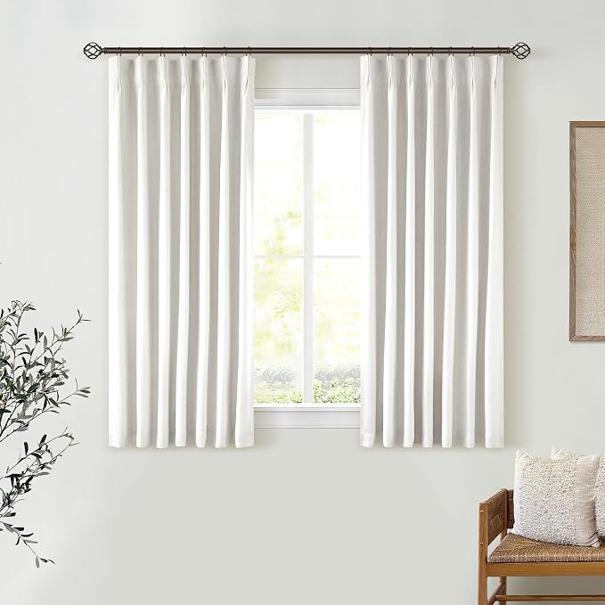Beige White Pinch Pleat 100% Blackout Linen Curtains 2 Layers 45 Inch Long | Memory Trained, Thermal Insulated, UV Blocking, Noise Reducing, Room Darkening, Black Out Short Curtains for Kitchen 2 Panels