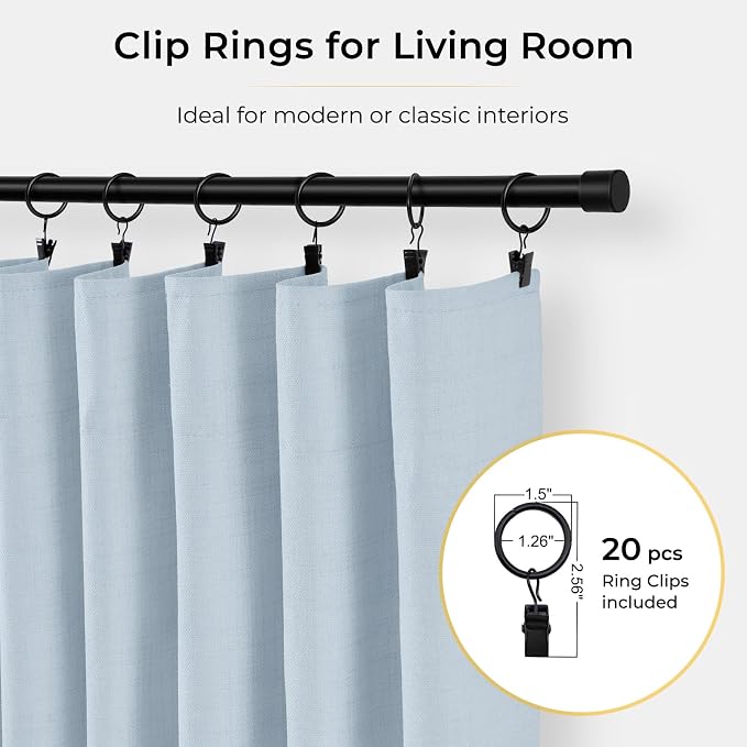 INOVADAY 100% Blackout Curtains for Bedroom, Chambray Blue Black Out Curtains 102 Inch Long, Clip Rings Linen Blackout Drapes, Thermal Insulated Room Darkening for Living Room, 2 Panels - W50xL102