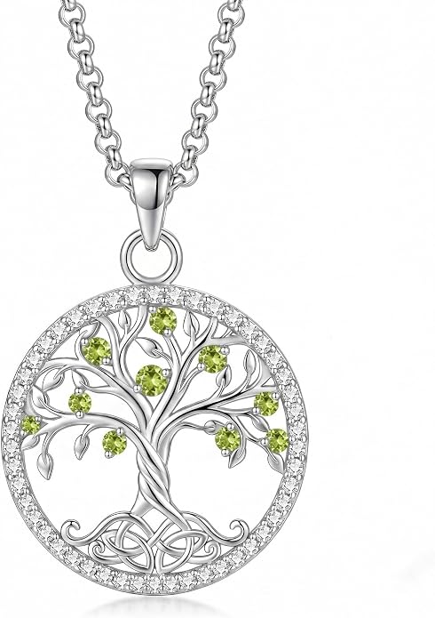 ONEFINITY Tree of Life Necklace 18k White Gold Plated Tree of Life Birthstone Pendant Necklace Birthstone Jewelry Anniversary Birthday Gifts for Women Men