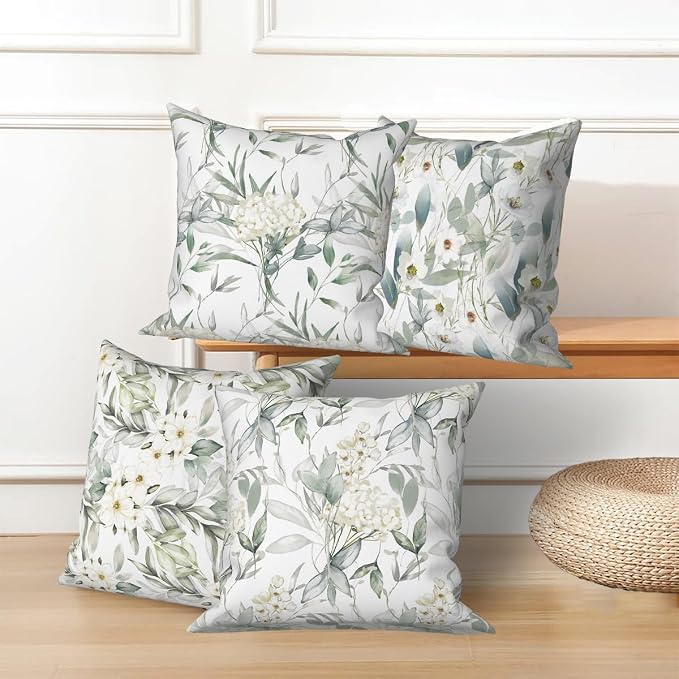4 Pcs/Set Flowers Pillow Covers Summer White Floral Green Leaves Plants Watercolor Natural Scenery Linen Throw Pillow Covers for Outdoor Couch Sofa Farmhouse Bedroom Decor, 26"x26"