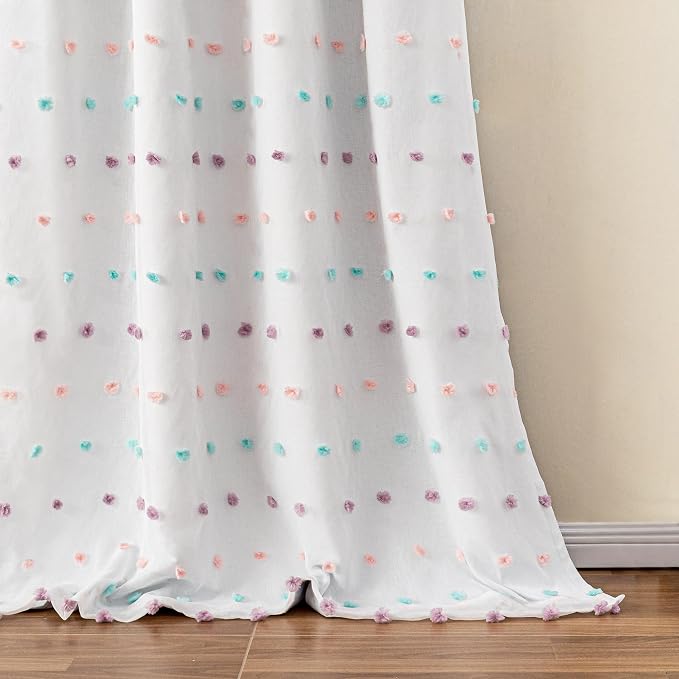 MYSKY HOME 100% Blackout Curtains for Living Room 108 Inch Long Total Light Blocking Curtains for Sliding Glass Door Privacy Protect Grommet 2 Layered Drapes Rainbow Pom Pom Sheer 52 Wide, 2 Pieces